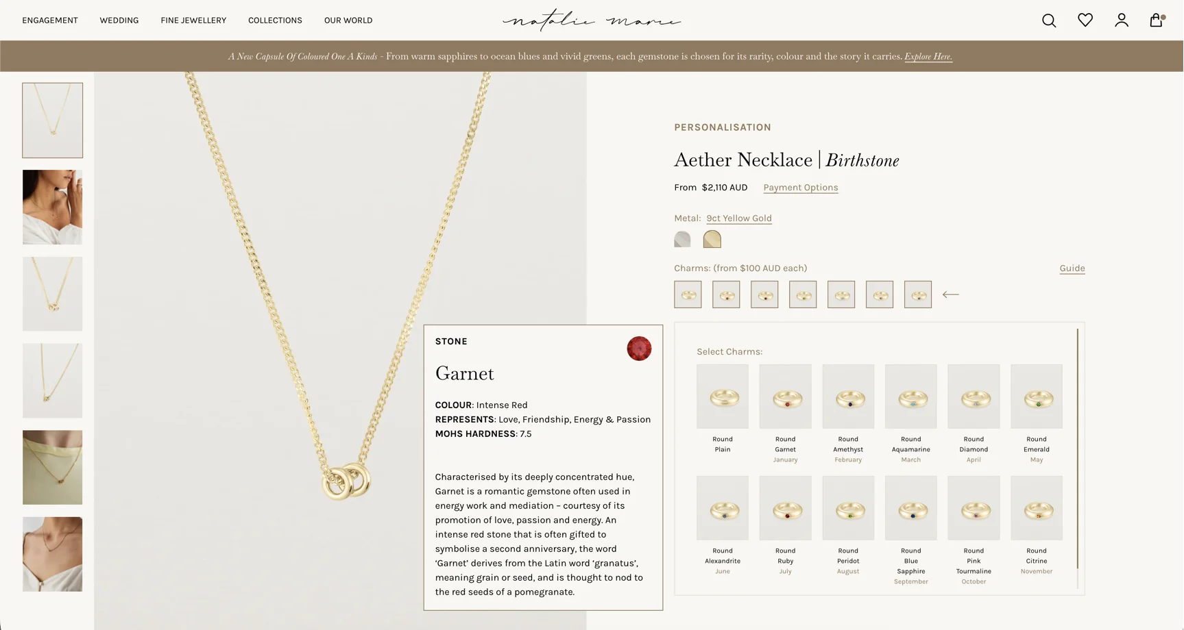 Natalie Marie birthstone charm selector with Garnet stone details