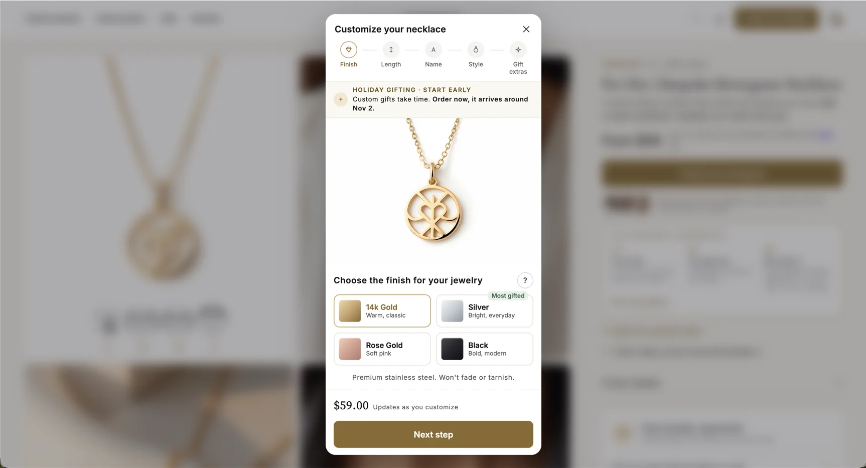 Charmlry necklace configurator: choose finish step